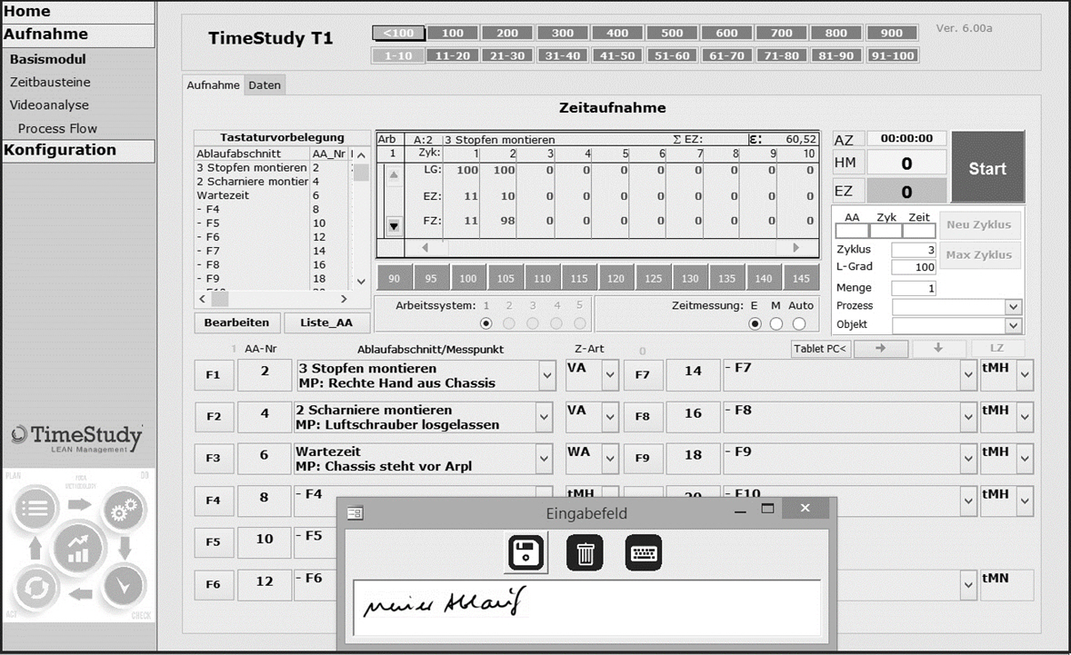 TimeStudy T1 Zeitaufnahmen nach REFA und LeanREFA T1 Basismodul mit Schreibfeld